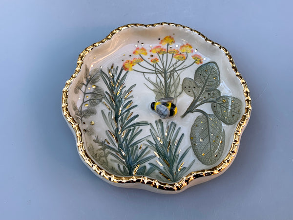 Bumble Bee and Herb Garden Jewelry Holder, Ceramic Dish with Gold Accents
