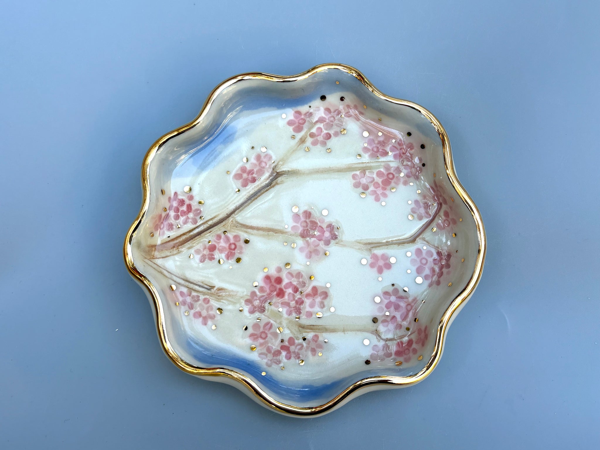 Cherry Blossom Jewelry Dish, Ceramic with Gold Accent