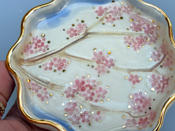 Cherry Blossom Jewelry Dish, Ceramic with Gold Accent