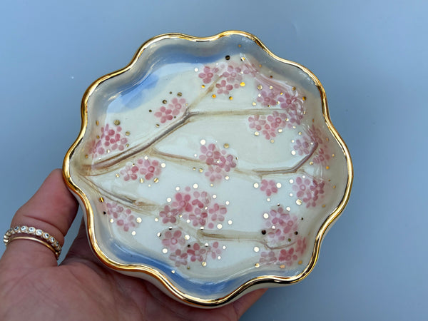 Cherry Blossom Jewelry Dish, Ceramic with Gold Accent
