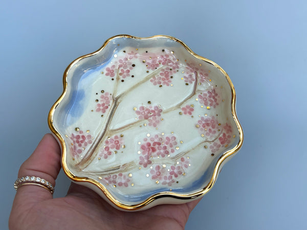 Cherry Blossom Jewelry Dish, Ceramic with Gold Accent