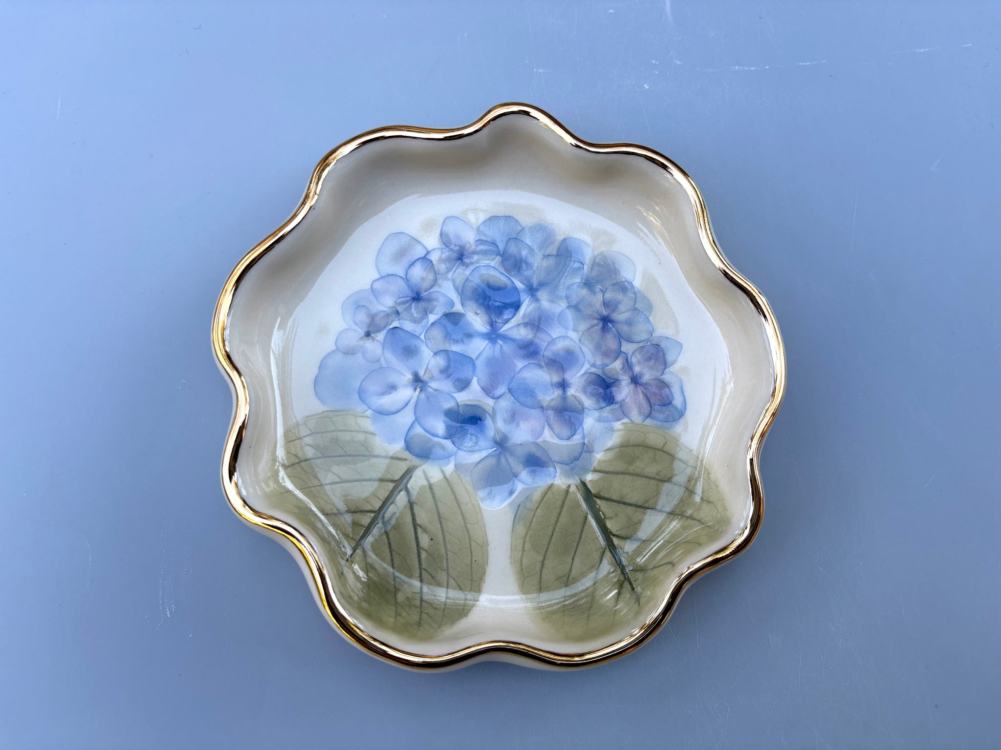 Blue Hydrangea Jewelry Holder, Ceramic Dish with Flower Imprint