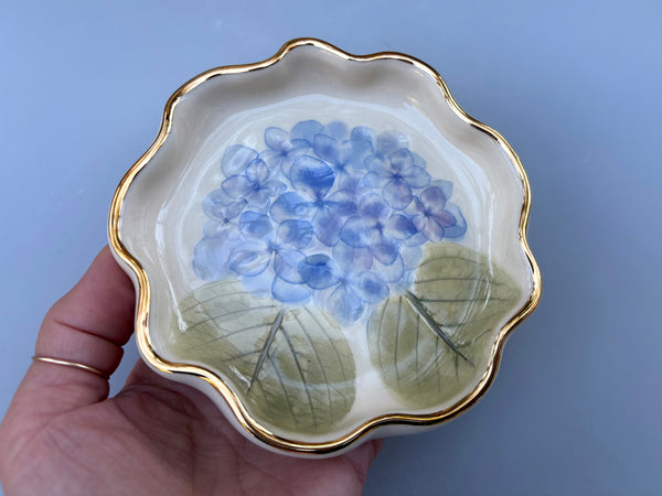 Blue Hydrangea Jewelry Holder, Ceramic Dish with Flower Imprint