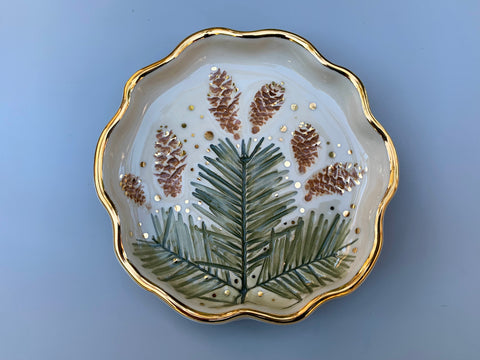 Evergreen Jewelry Dish, Ceramic Dish with Fir and Pine Cones