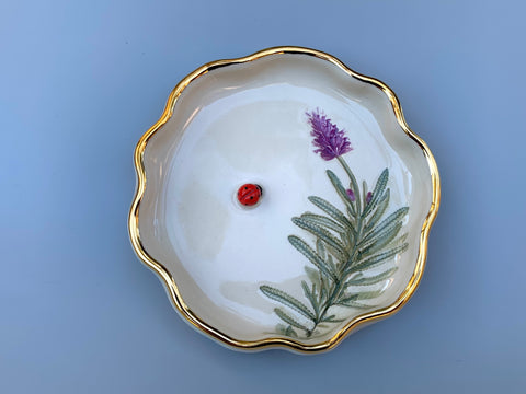 Ladybug Jewelry or Incense Dish with Lavender and Gold Accents