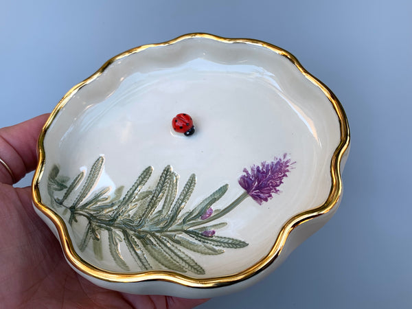 Ladybug Jewelry or Incense Dish with Lavender and Gold Accents