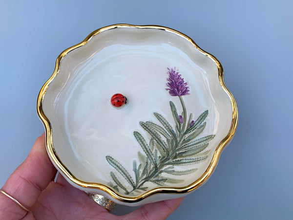 Ladybug Jewelry or Incense Dish with Lavender and Gold Accents