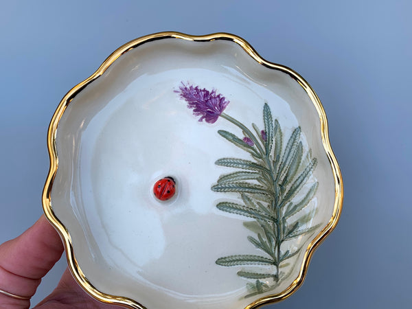 Ladybug Jewelry or Incense Dish with Lavender and Gold Accents