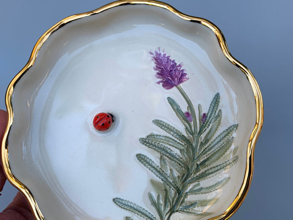 Ladybug Jewelry or Incense Dish with Lavender and Gold Accents