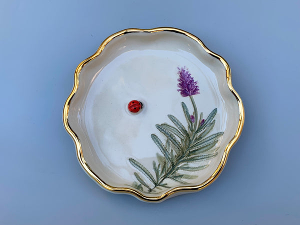 Ladybug Jewelry or Incense Dish with Lavender and Gold Accents