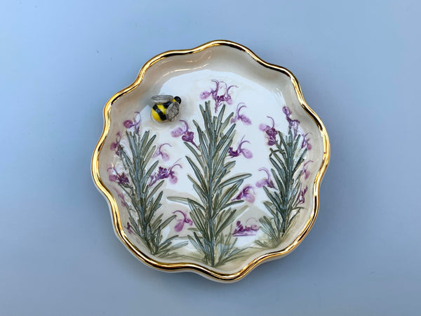 Bumble Bee with Rosemary in Bloom, Ceramic Jewelry Dish