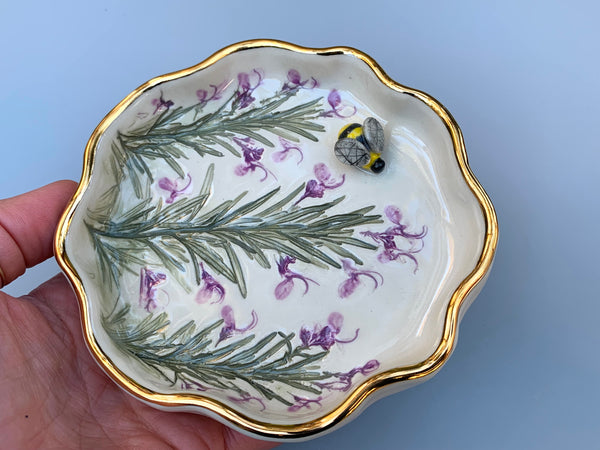 Bumble Bee with Rosemary in Bloom, Ceramic Jewelry Dish