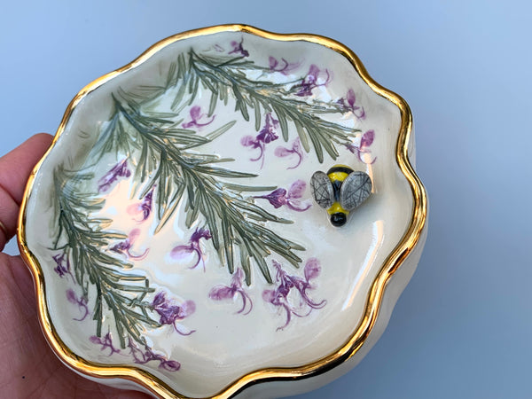 Bumble Bee with Rosemary in Bloom, Ceramic Jewelry Dish