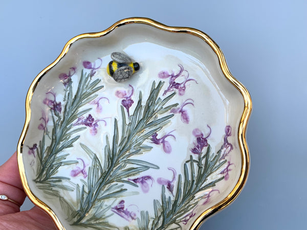 Bumble Bee with Rosemary in Bloom, Ceramic Jewelry Dish