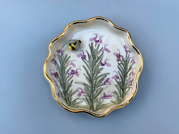 Bumble Bee with Rosemary in Bloom, Ceramic Jewelry Dish