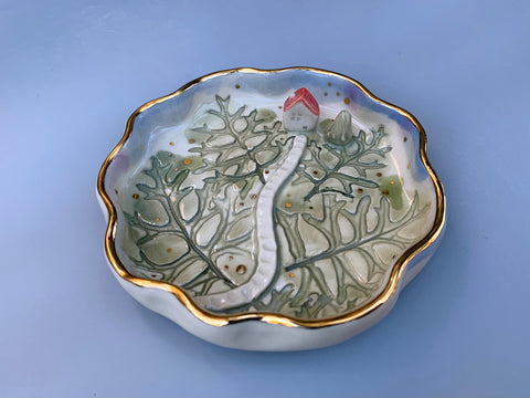 Woodland Home Ceramic Dish, Tiny Forest House with Gold Accents