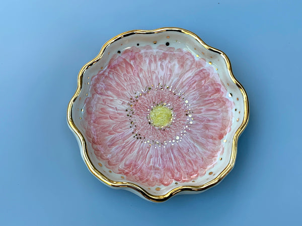 Pink Gerbera Daisy Jewelry Dish, Ceramic with Gold Accents