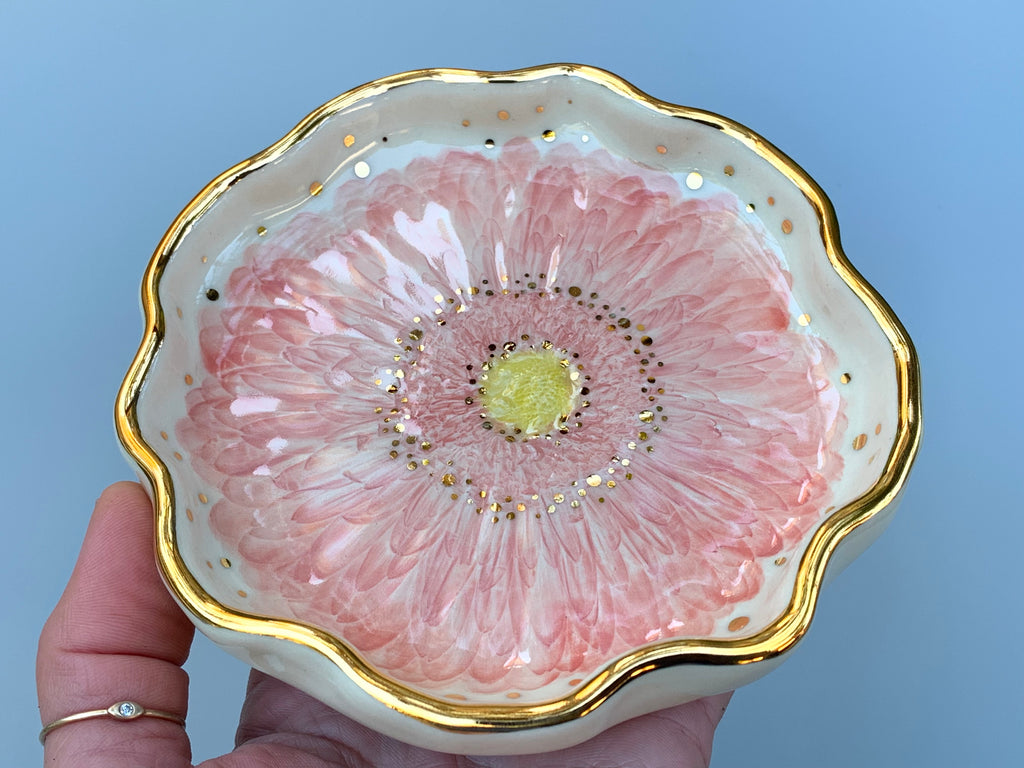 Pink Gerbera Daisy Jewelry Dish, Ceramic with Gold Accents