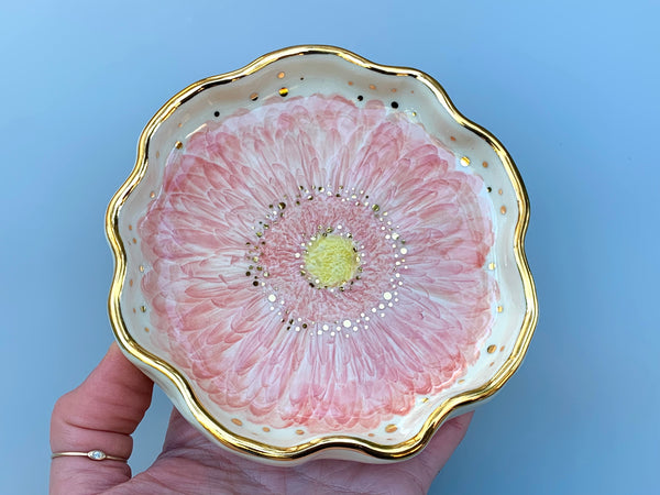 Pink Gerbera Daisy Jewelry Dish, Ceramic with Gold Accents