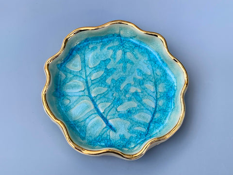 Winter Leaves Ceramic Jewelry Dish, Icy Blue Leaves with Gold Accent