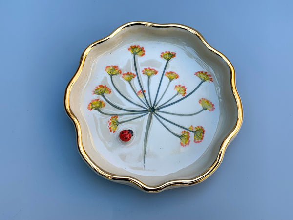 Ladybug Jewelry Dish with Fennel Flowers and Gold Accents - Vuvu Ceramics