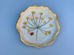 Ladybug Jewelry Dish with Fennel Flowers and Gold Accents - Vuvu Ceramics