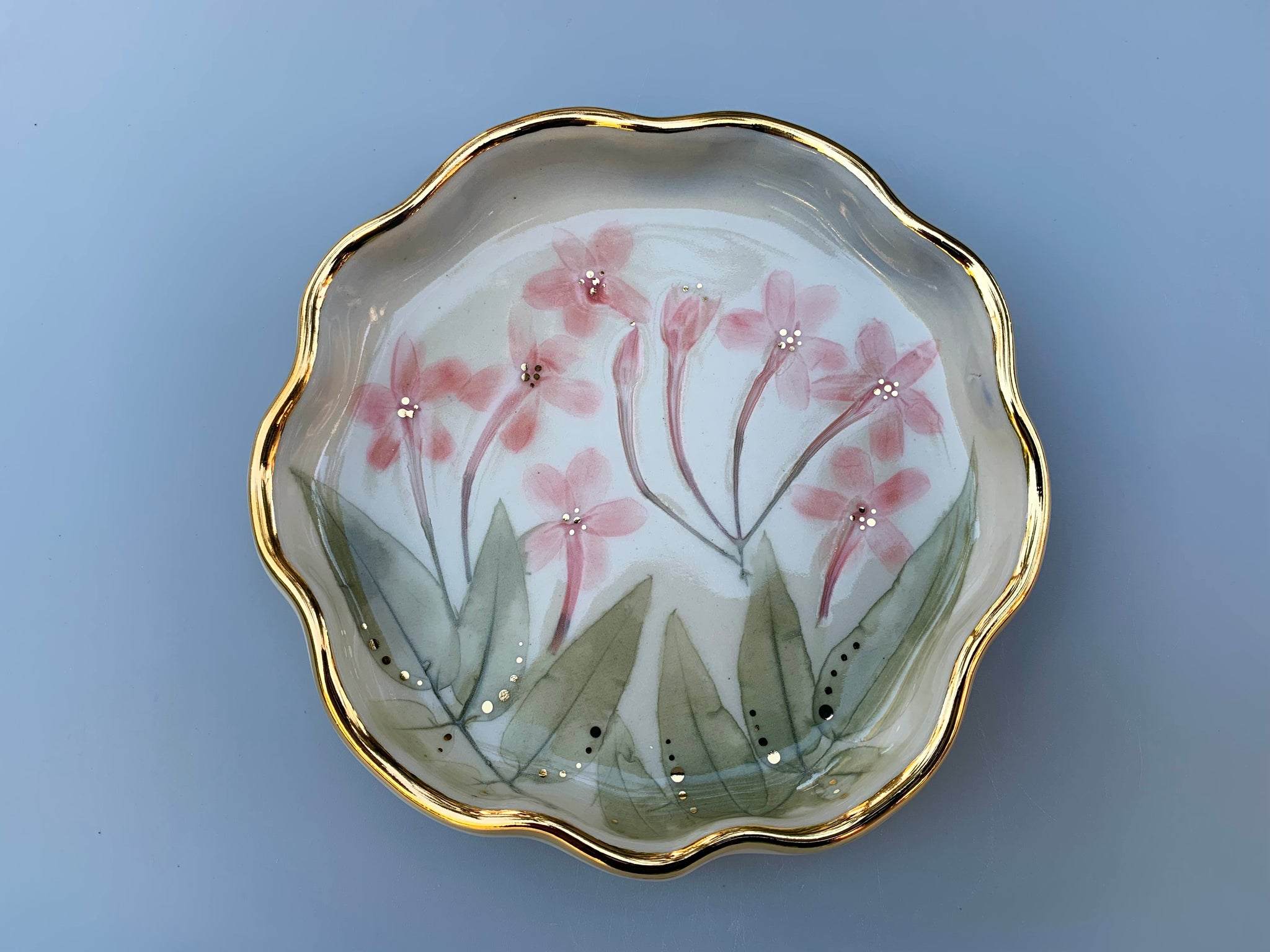 Pink Jasmine Flower Jewelry Dish with Gold Rim