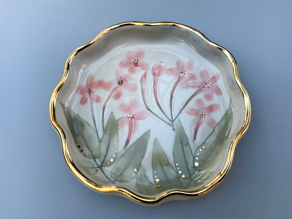Pink Jasmine Flower Jewelry Dish with Gold Rim