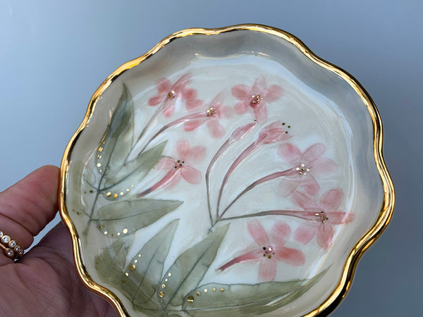 Pink Jasmine Flower Jewelry Dish with Gold Rim