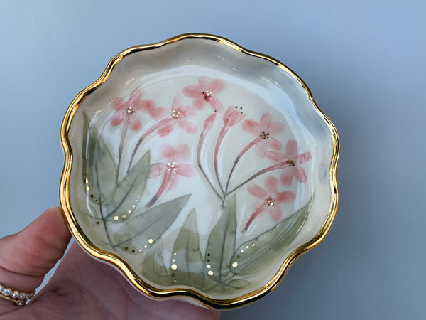 Pink Jasmine Flower Jewelry Dish with Gold Rim