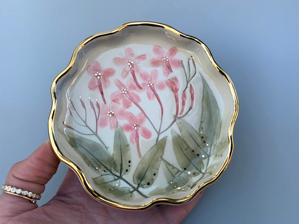 Pink Jasmine Flower Jewelry Dish with Gold Rim