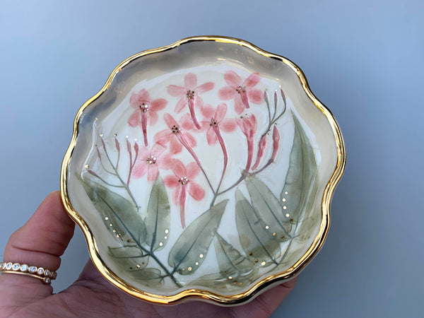 Pink Jasmine Flower Jewelry Dish with Gold Rim