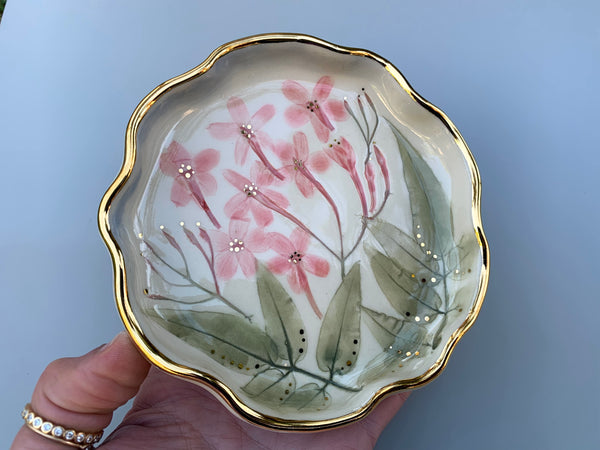 Pink Jasmine Flower Jewelry Dish with Gold Rim
