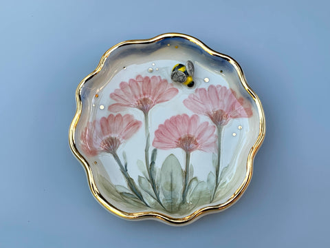 Bumble Bee and Pink Daisies Ceramic Jewelry or Ring Dish