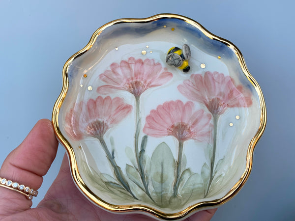 Bumble Bee and Pink Daisies Ceramic Jewelry or Ring Dish