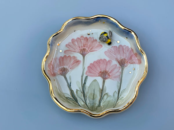 Bumble Bee and Pink Daisies Ceramic Jewelry or Ring Dish