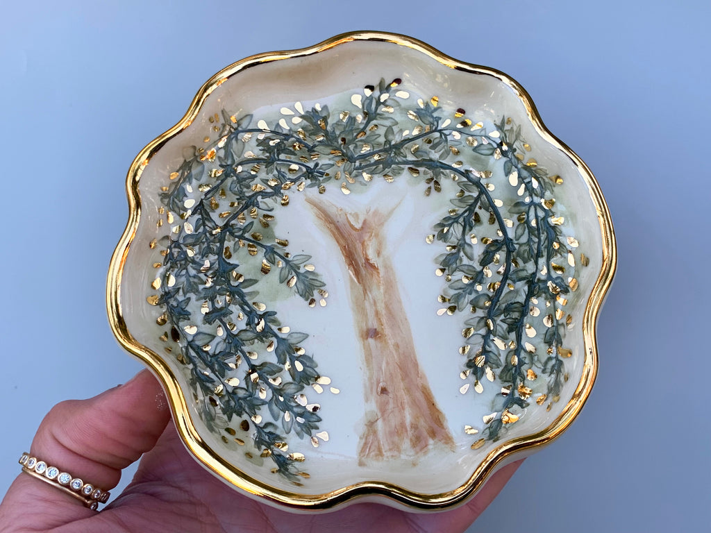 Fox Jewelry Holder Ceramic Leaf Trinket Dish with Gold Rim