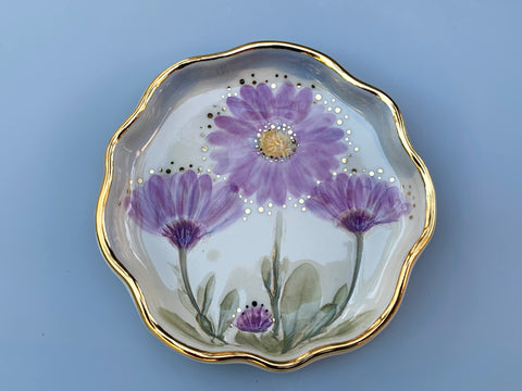 Purple Daisy Meadow Jewelry Holder, Ceramic Dish with Flower Imprint