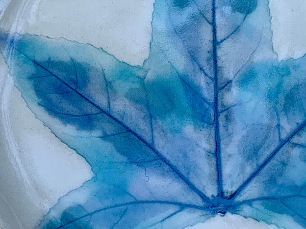 Winter Leaf Ceramic Jewelry Dish, Icy Blue Leaf with Gold Accent