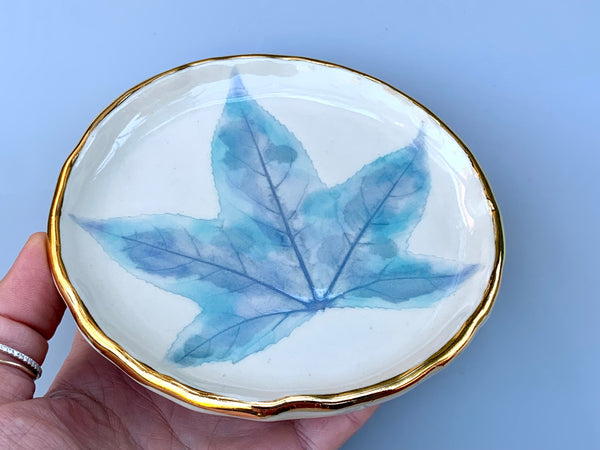 Winter Leaf Ceramic Jewelry Dish, Icy Blue Leaf with Gold Accent