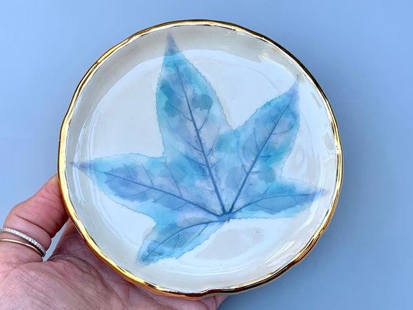 Winter Leaf Ceramic Jewelry Dish, Icy Blue Leaf with Gold Accent