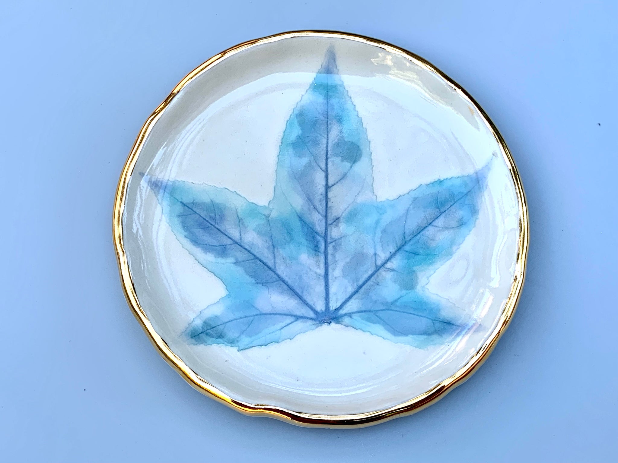 Winter Leaf Ceramic Jewelry Dish, Icy Blue Leaf with Gold Accent