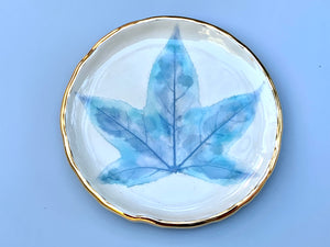 Winter Leaf Ceramic Jewelry Dish, Icy Blue Leaf with Gold Accent