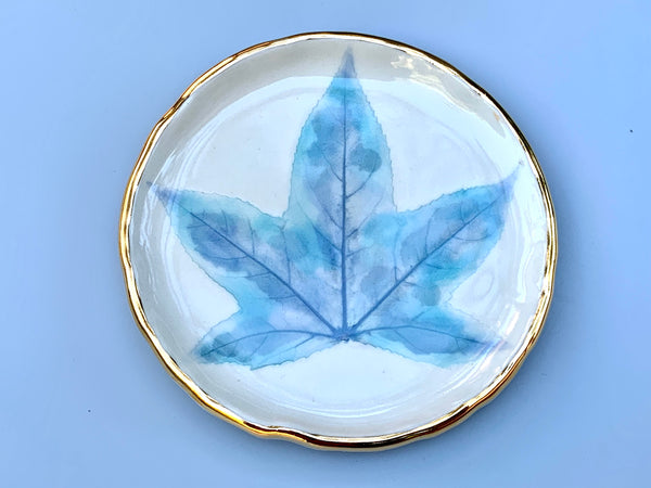Winter Leaf Ceramic Jewelry Dish, Icy Blue Leaf with Gold Accent