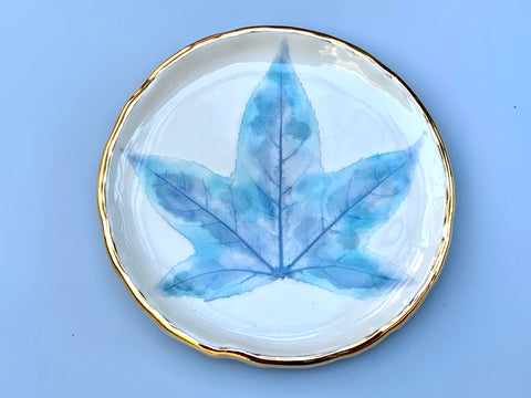 Winter Leaf Ceramic Jewelry Dish, Icy Blue Leaf with Gold Accent