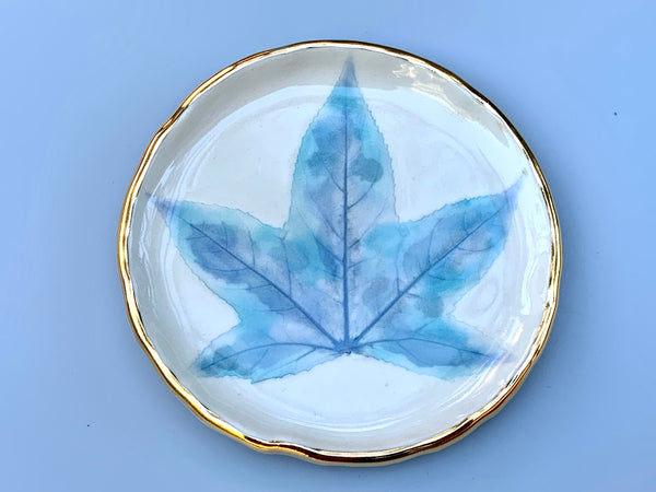 Winter Leaf Ceramic Jewelry Dish, Icy Blue Leaf with Gold Accent