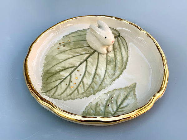 Bunny on Sparkling Hydrangea Leaf Jewelry Dish, Ceramic with Real Gold