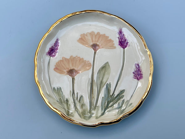 Pink Daisy and Lavender Jewelry Holder, Ceramic Dish with Flower Imprint - Vuvu Ceramics
