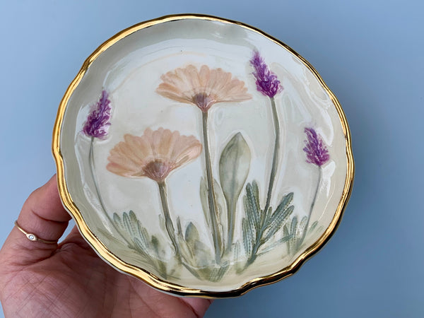 Pink Daisy and Lavender Jewelry Holder, Ceramic Dish with Flower Imprint - Vuvu Ceramics