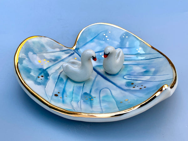 Swan Soulmates, Ceramic Leaf Dish with Two Swans on Sparkling Pond